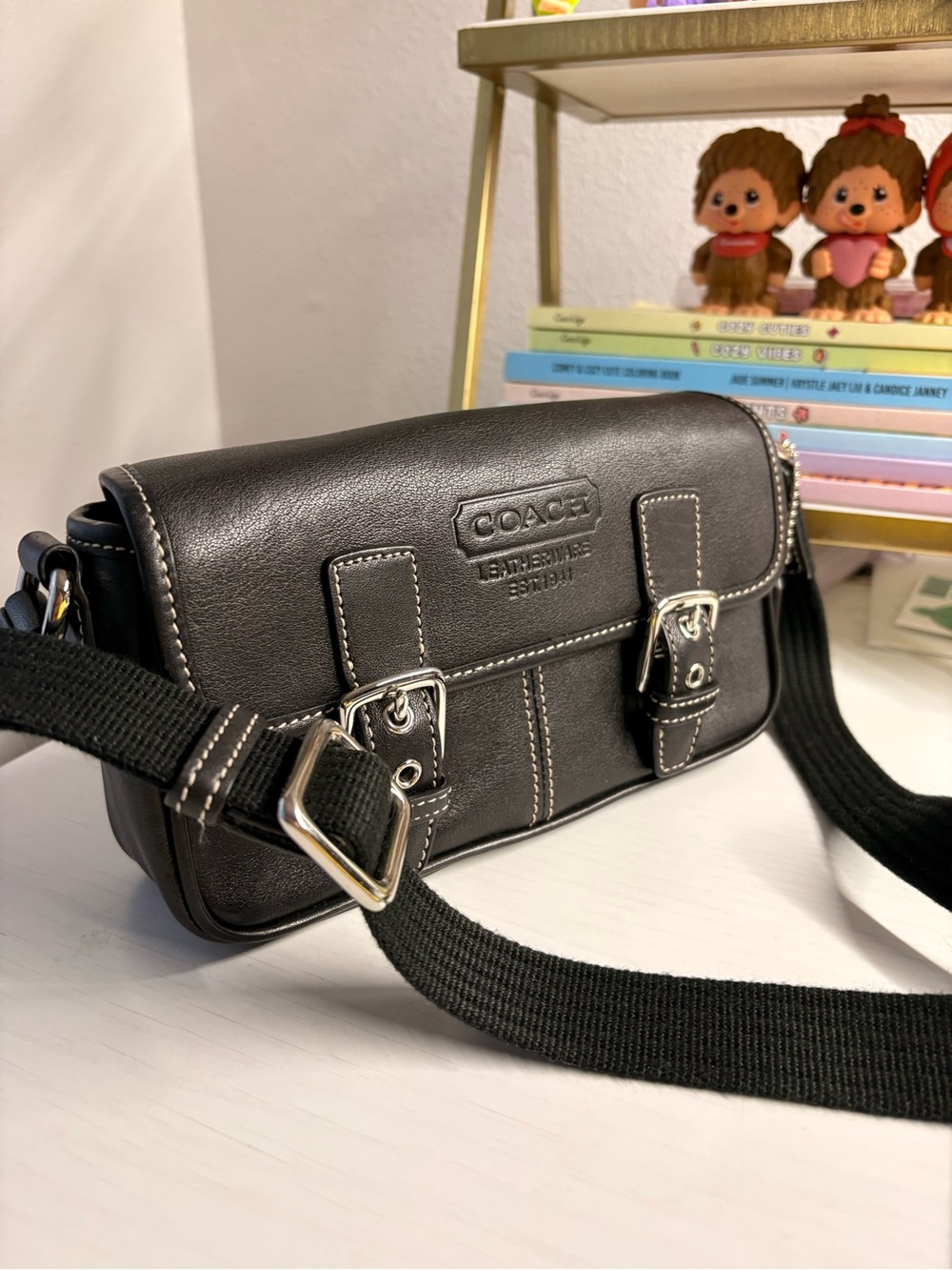 Coach Black Leather Crossbody with Front Buckle Accents
